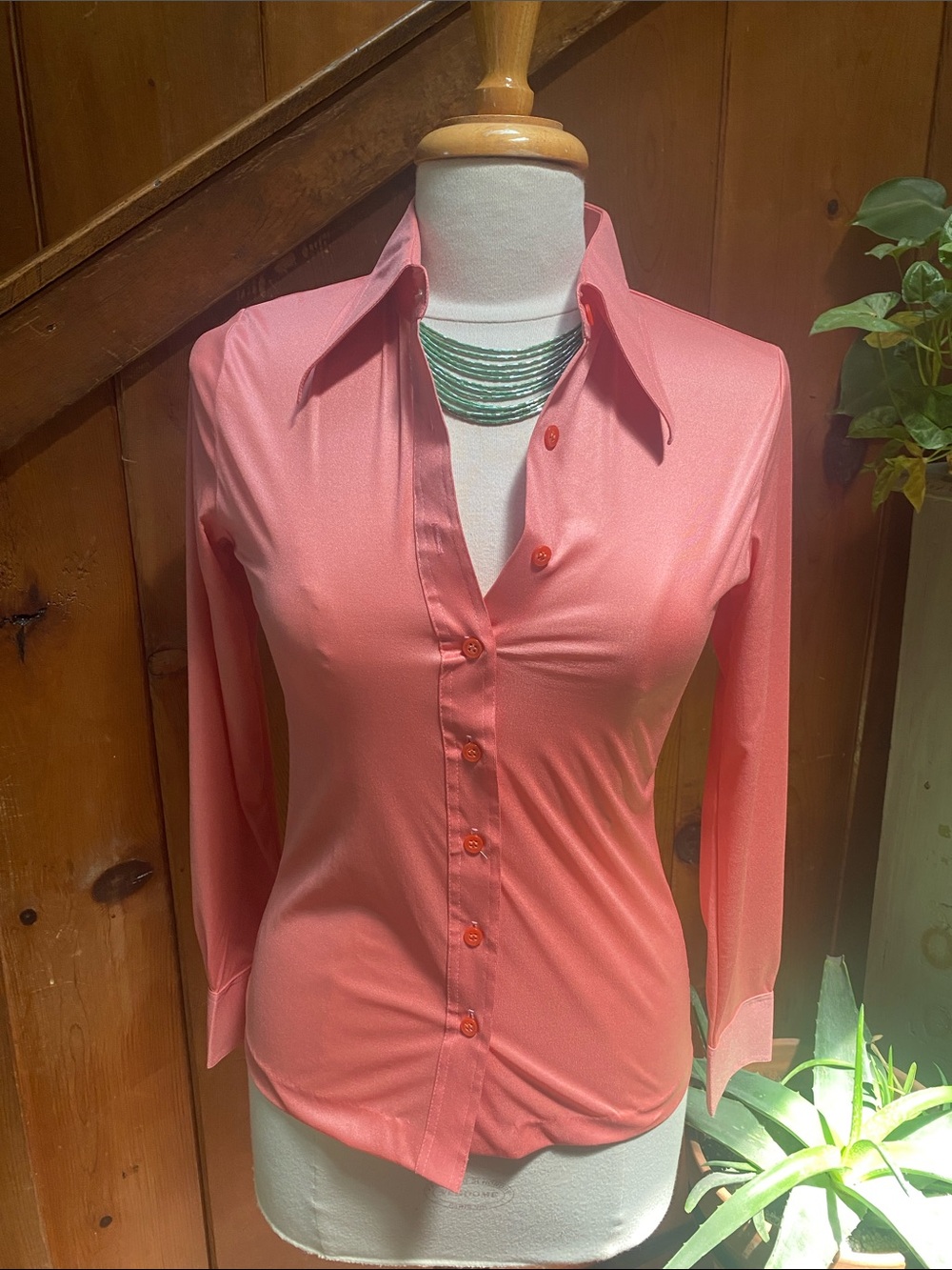 Vintage 70s Semi-sheer Coral Button Down Shirt